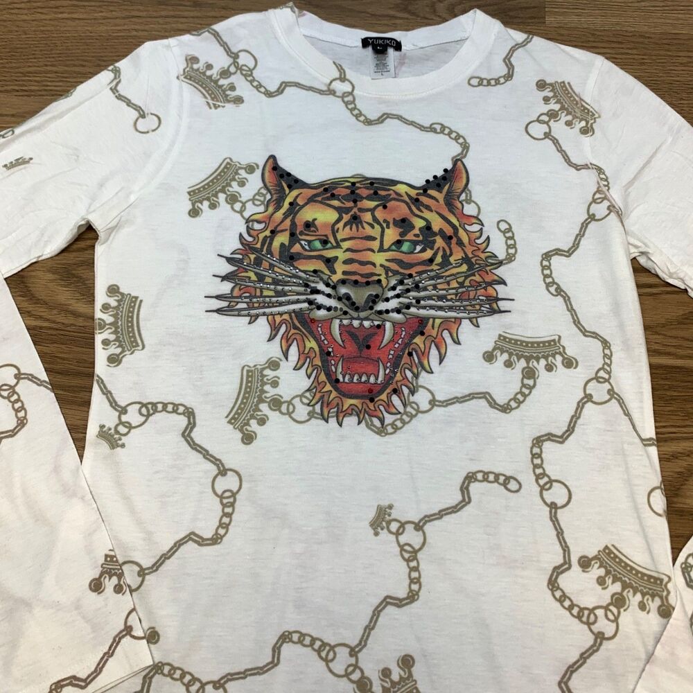 Yukiko Top Vintage Size L Tiger Art to Wear Y2K Crown White Long Sleeve Shirt